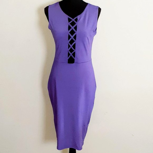 Women's Solid Sleeveless Knee Fitted Purple Dress - Picture 1 of 4